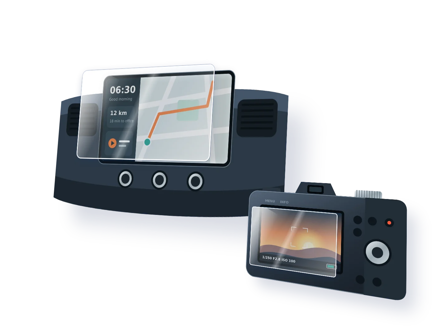 A screen protector fitted on a car infotainment display and a camera screen
