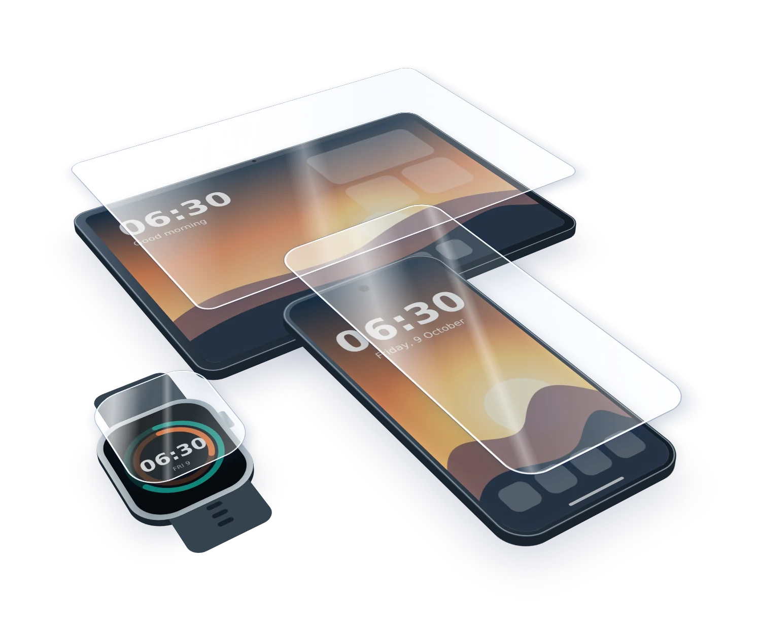 OHAYO screen protectors being fitted on a tablet, a phone and a smartwatch