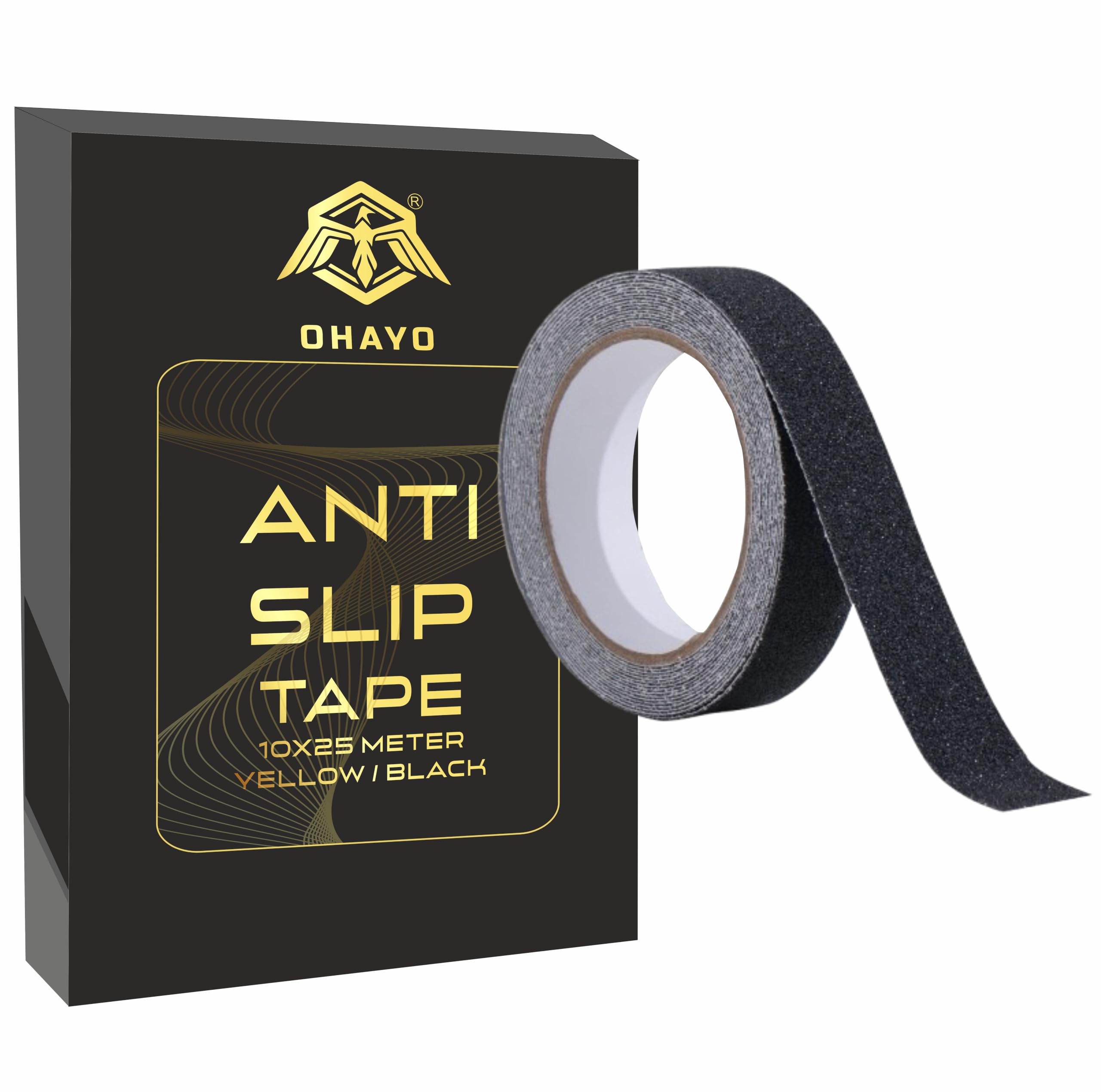 OHAYO Anti Slip Tape 10 Meter x 25mm Black Non Skid Safety Traction Tape, PET Material with Solvent Acrylic Adhesive, Fall Resistant Grip Strip Compatible with Slippery