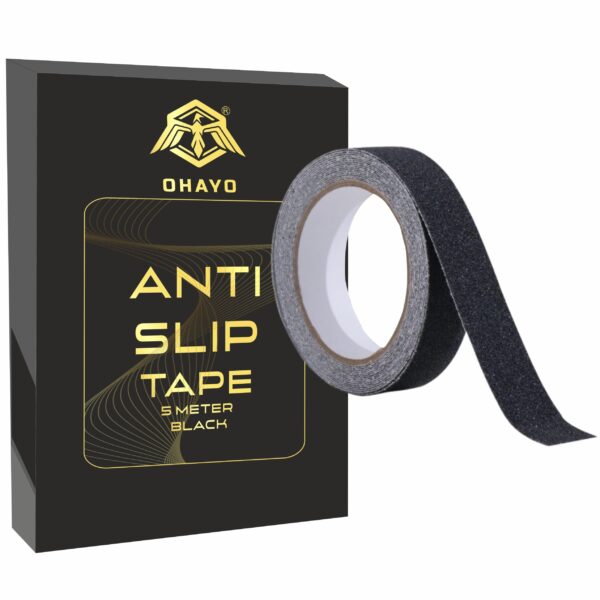 OHAYO Anti Slip Tape 5 Meter x 50mm Black Non Skid Safety Traction Tape, PET Material with Solvent Acrylic Adhesive, Fall Resistant Grip Strip Compatible with Slippery