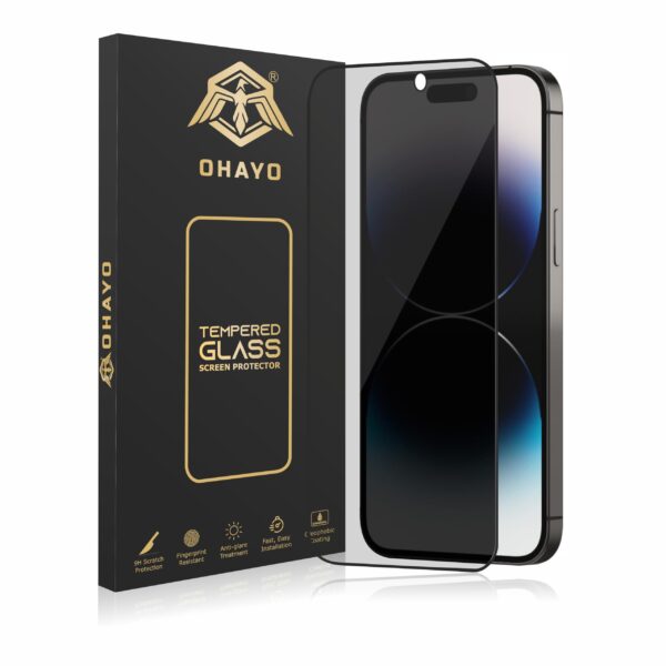 OHAYO Military-Grade Privacy Screen Protector Compatible with iPhone 14 Pro | 9H Hardness Tempered Glass, Anti-Spy Protection, Scratch Resistant, HD Clear Display, Edge-to-Edge Coverage, Case Friendly, Bubble-Free Installation Kit [Not Tempered Glass]