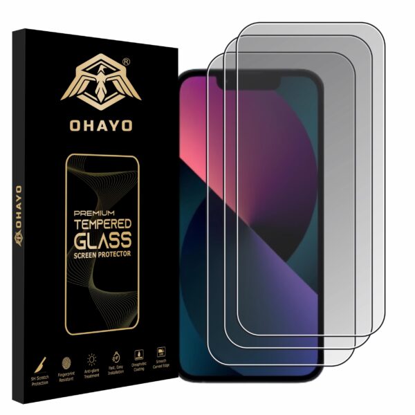 OHAYO Pack of 3 Military-Grade Privacy Screen Protector compatible with iPhone 13 / 13 Pro / 14 / 16E / 17E | 9H Hardness Anti-Spy Screen Guard, Scratch Resistant, HD Clear Display, Edge-to-Edge Coverage, Case Friendly, Bubble-Free Installation [Not Tempered Glass]