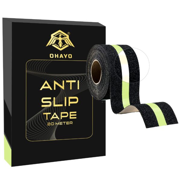 OHAYO 20 M Anti Slip Tape with Glow in the Dark Stripe for Stairs, Waterproof Non Slip Traction Tape for Stair Treads, Black & Green Safety Grip Strip, High Traction Adhesive Tape for Steps